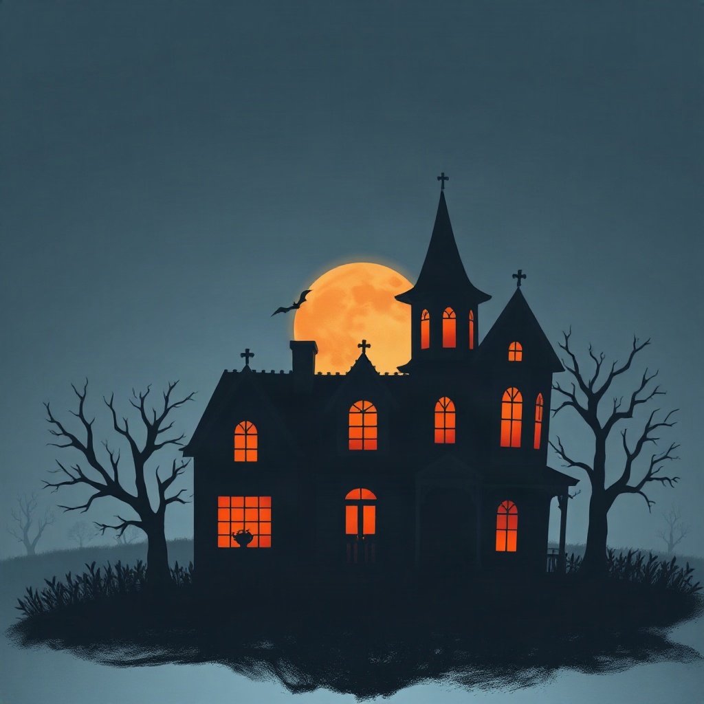 halloween pfp — spooky haunted house silhouette, moody digital painting, dusk blue and pumpkin orange