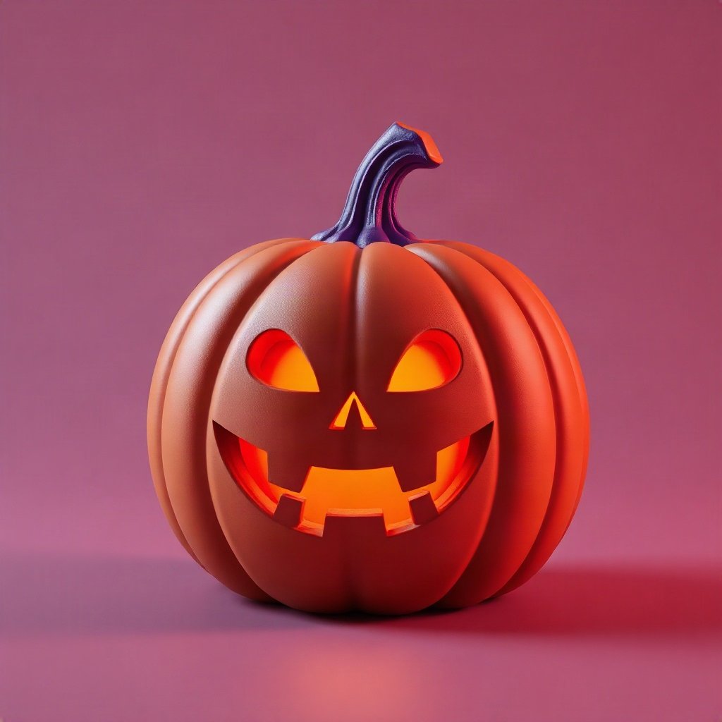 halloween pfp — cute carved pumpkin with glowing grin, soft 3d render, orange and deep purple palette