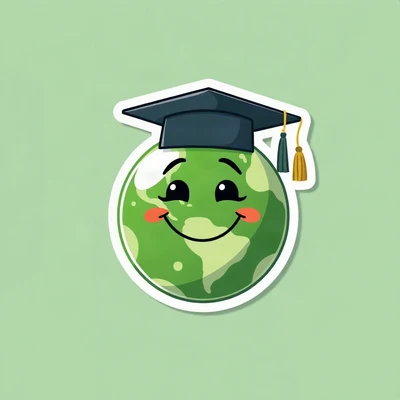 pfp for school — smiling planet with graduation cap, clean sticker style, forest green and cream