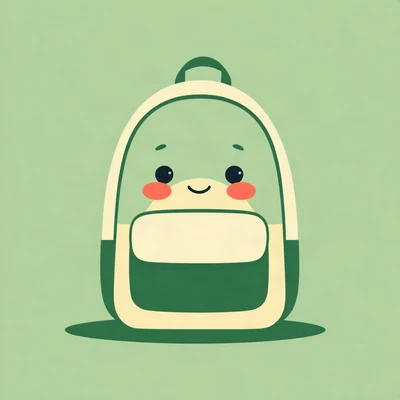 pfp for school — cheerful backpack character, minimal geometric design, forest green and cream