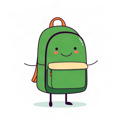 pfp for school — cheerful backpack character, flat vector illustration, forest green and cream