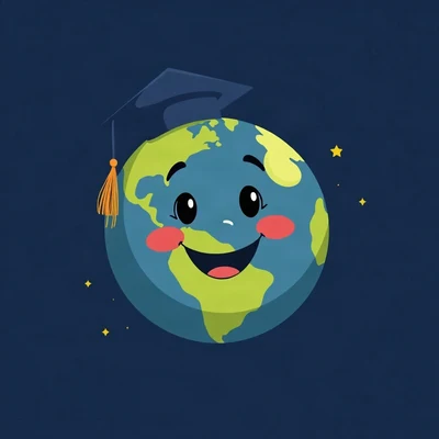 pfp for school — smiling planet with graduation cap, soft rounded cartoon, navy and gold palette