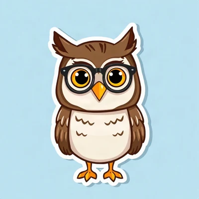 pfp for school — smart owl mascot with tiny glasses, clean sticker style, soft blue and white