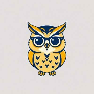 pfp for school — smart owl mascot with tiny glasses, minimal geometric design, navy and gold palette