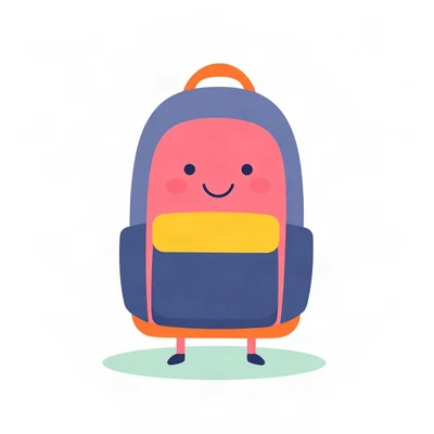 pfp for school — cheerful backpack character, minimal geometric design, cheerful primary colors