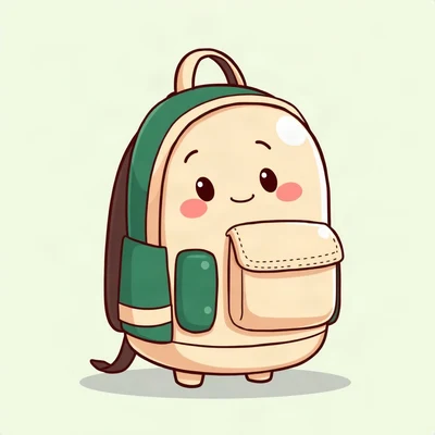 pfp for school — cheerful backpack character, soft rounded cartoon, forest green and cream