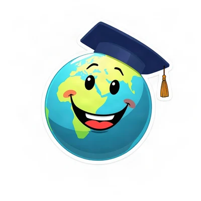 pfp for school — smiling planet with graduation cap, clean sticker style, soft blue and white