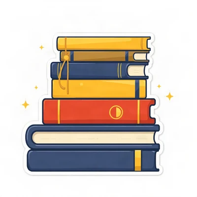 pfp for school — happy stack of books, clean sticker style, navy and gold palette
