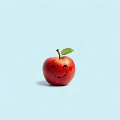 pfp for school — apple with a happy face, minimal geometric design, soft blue and white