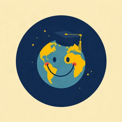 pfp for school — smiling planet with graduation cap, minimal geometric design, navy and gold palette