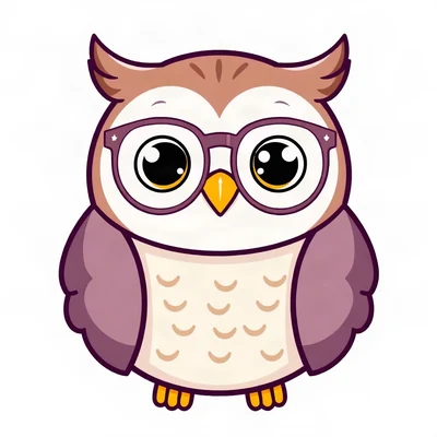 pfp for school — smart owl mascot with tiny glasses, soft rounded cartoon, cheerful primary colors