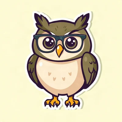 pfp for school — smart owl mascot with tiny glasses, clean sticker style, forest green and cream