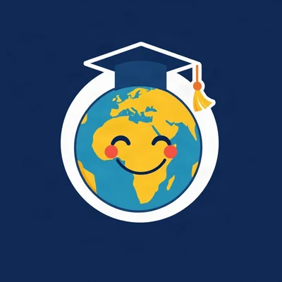 pfp for school — smiling planet with graduation cap, minimal geometric design, navy and gold palette