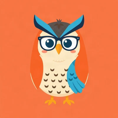 pfp for school — smart owl mascot with tiny glasses, soft rounded cartoon, cheerful primary colors