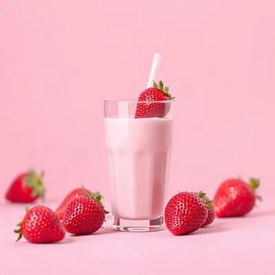 pink pfp — strawberry milk glass, soft 3d render, gentle bokeh