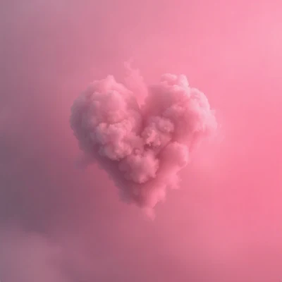 pink pfp — heart-shaped clouds, cinematic photo style, misty atmosphere
