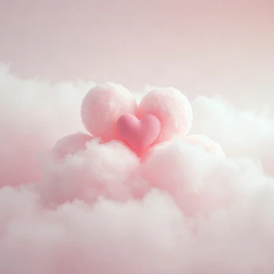 pink pfp — heart-shaped clouds, soft 3d render, misty atmosphere