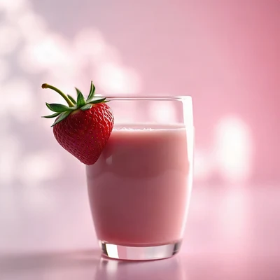 pink pfp — strawberry milk glass, soft 3d render, gentle bokeh
