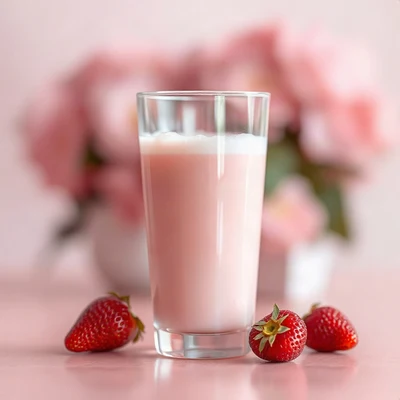 pink pfp — strawberry milk glass, dreamy digital painting, gentle bokeh
