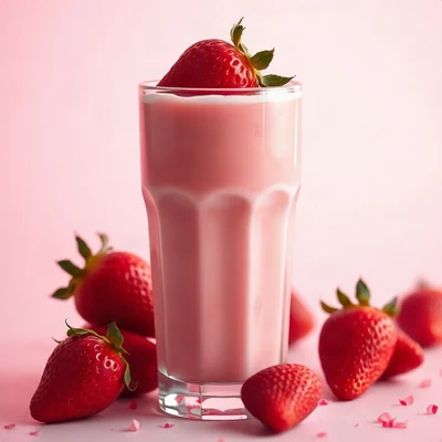 pink pfp — strawberry milk glass, cinematic photo style, subtle sparkle