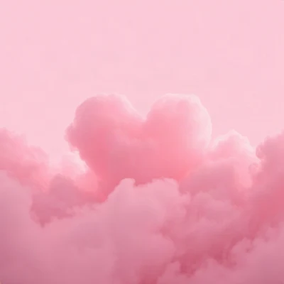 pink pfp — heart-shaped clouds, cinematic photo style, misty atmosphere