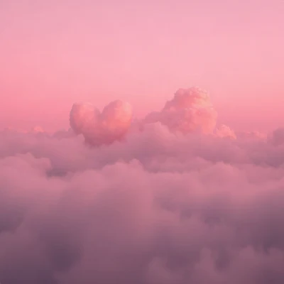 pink pfp — heart-shaped clouds, cinematic photo style, misty atmosphere
