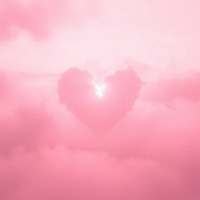 pink pfp — heart-shaped clouds, cinematic photo style, misty atmosphere