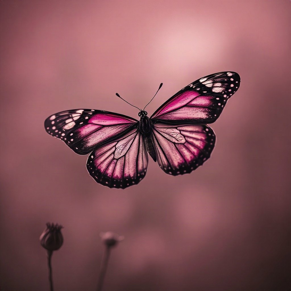 Pink PFPs — butterfly, cinematic photo style, misty atmosphere