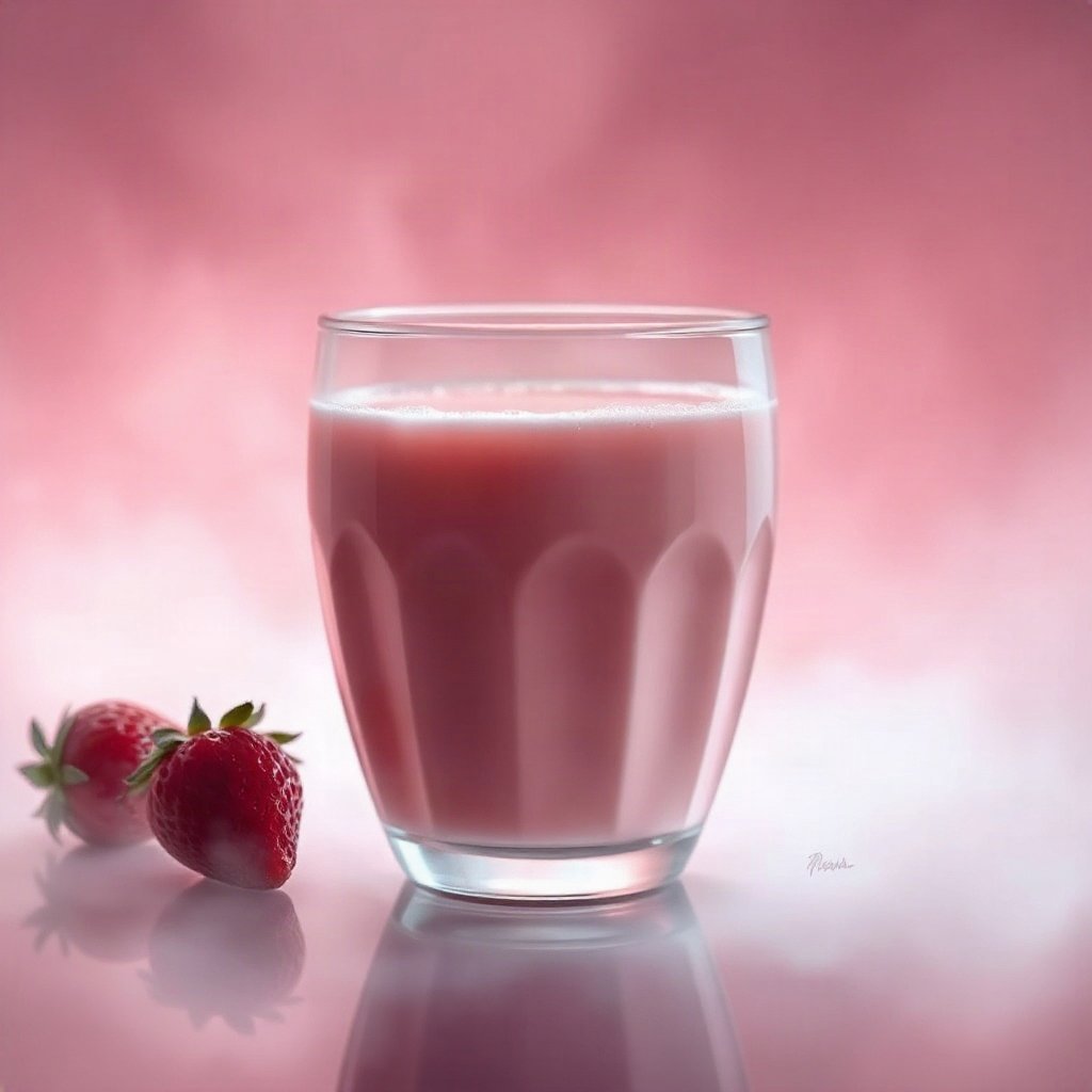 Pink PFPs — strawberry milk glass, dreamy digital painting, misty atmosphere
