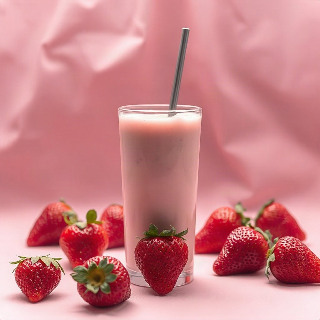 Pink PFPs — strawberry milk glass, cinematic photo style, misty atmosphere