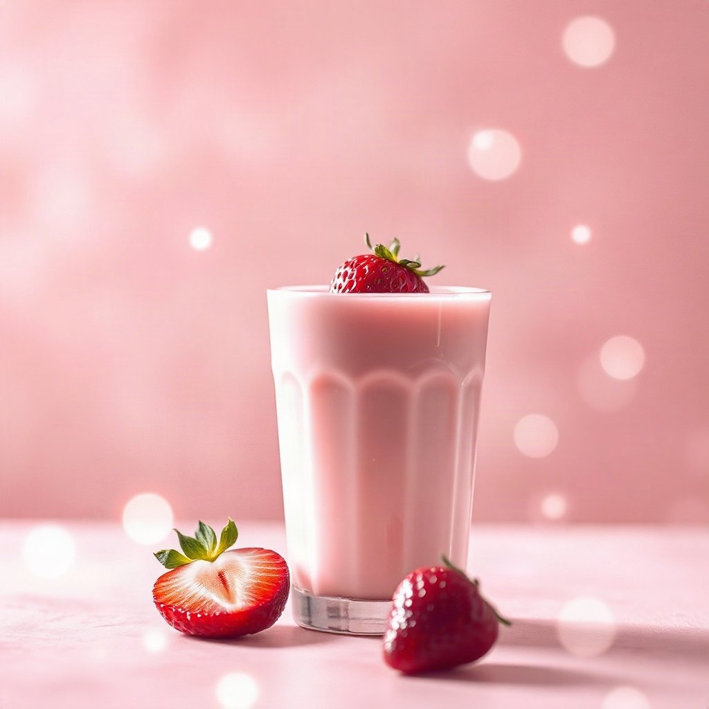 Pink PFPs — strawberry milk glass, dreamy digital painting, gentle bokeh