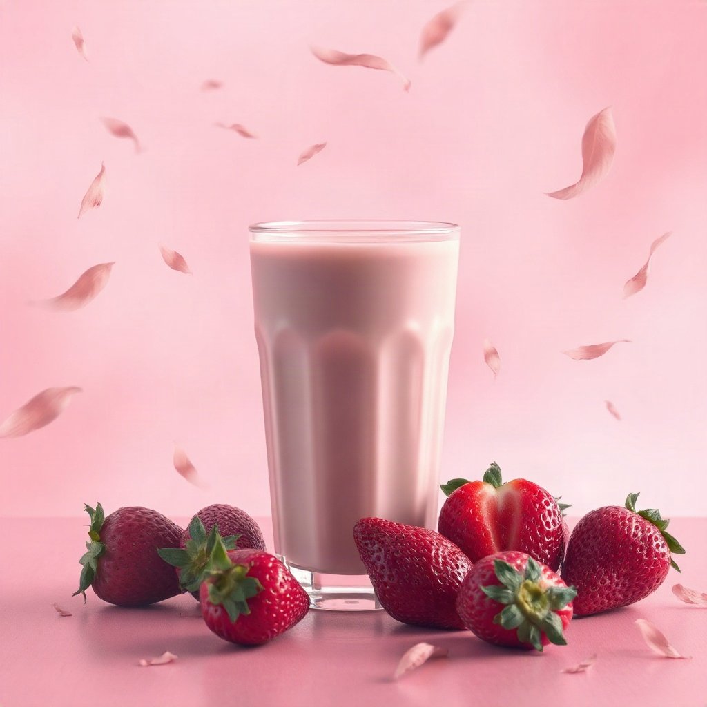 Pink PFPs — strawberry milk glass, dreamy digital painting, misty atmosphere