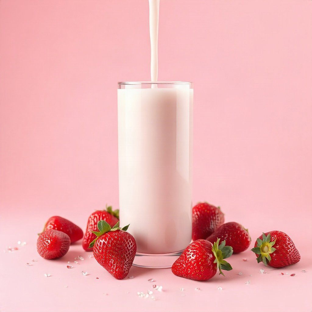 Pink PFPs — strawberry milk glass, soft 3d render, subtle sparkle