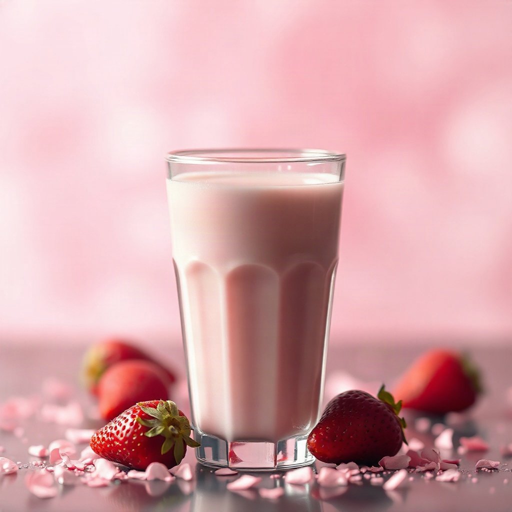 Pink PFPs — strawberry milk glass, dreamy digital painting, gentle bokeh