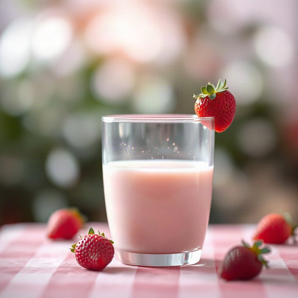 Pink PFPs — strawberry milk glass, dreamy digital painting, gentle bokeh