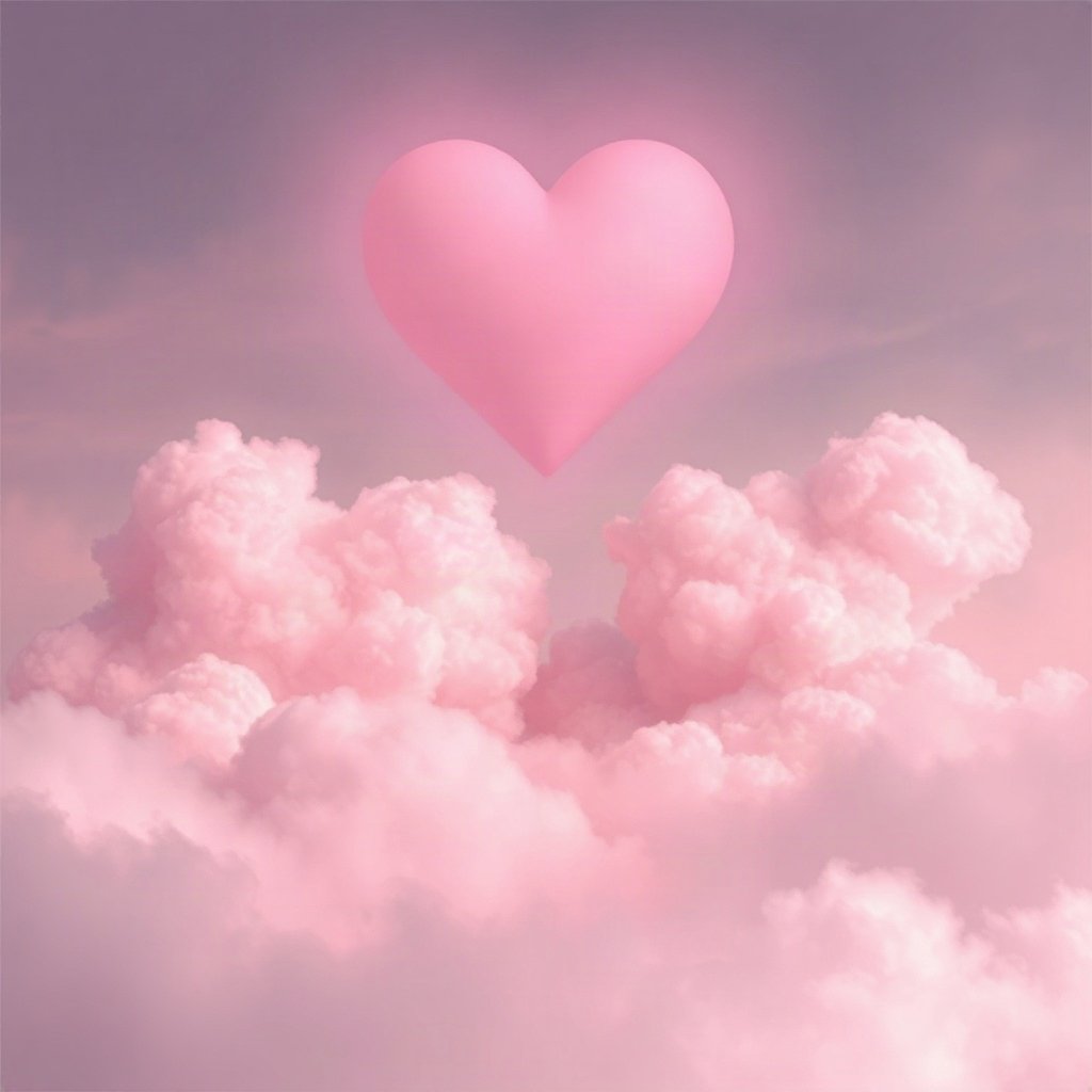 Pink PFPs — heart-shaped clouds, dreamy digital painting, misty atmosphere