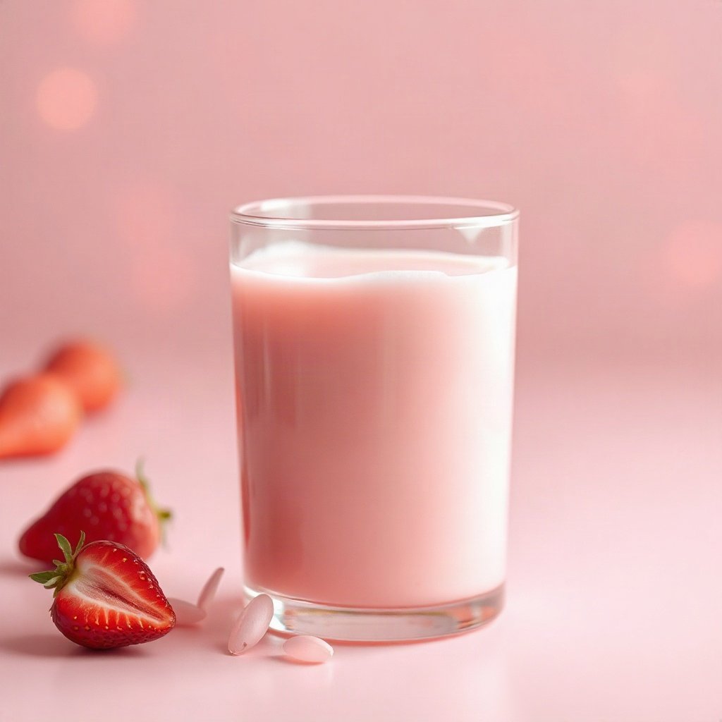 Pink PFPs — strawberry milk glass, dreamy digital painting, gentle bokeh