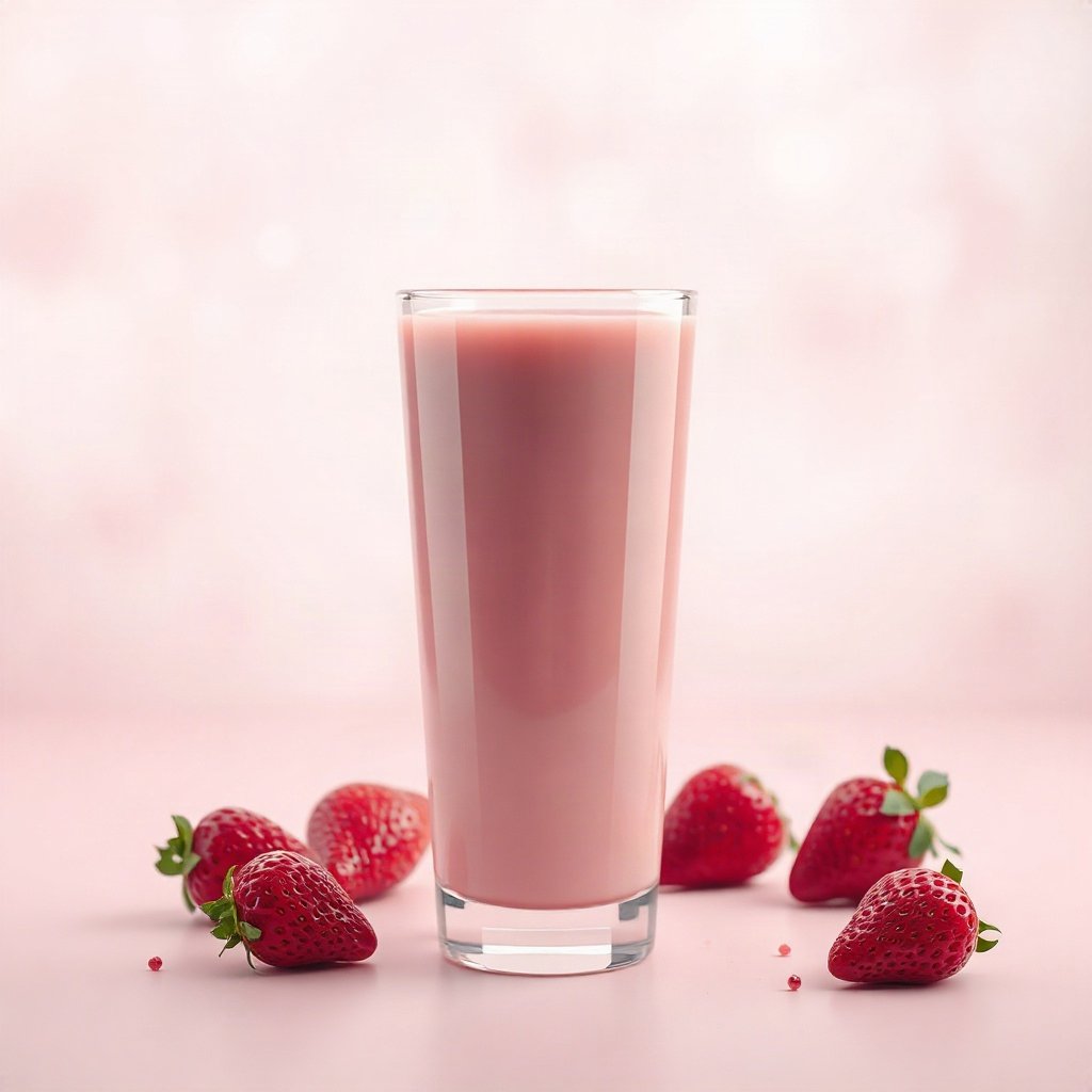 Pink PFPs — strawberry milk glass, soft 3d render, misty atmosphere