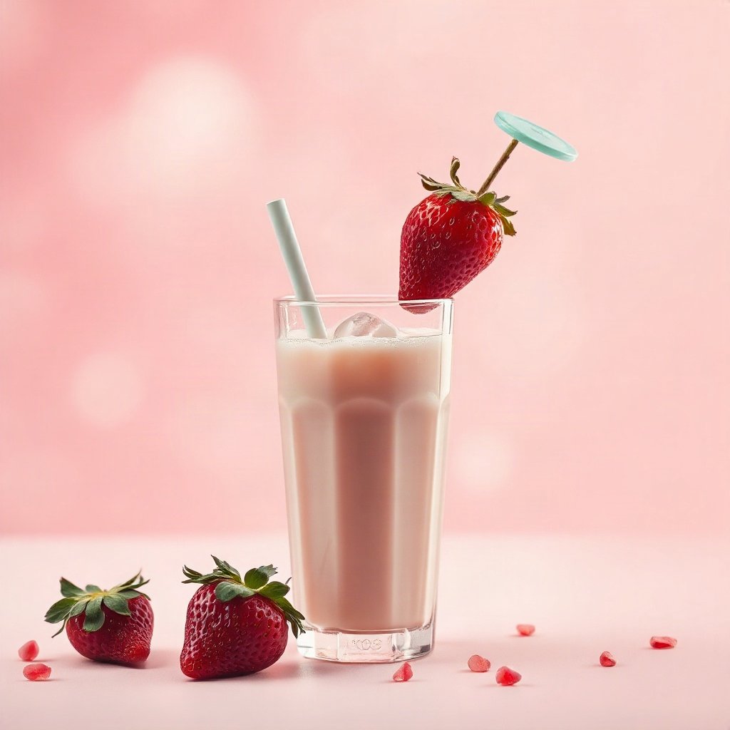 Pink PFPs — strawberry milk glass, cinematic photo style, gentle bokeh