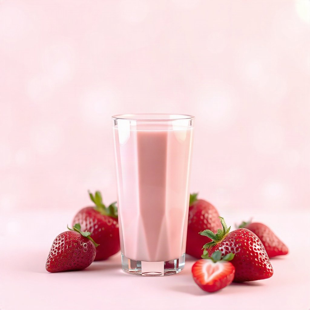 Pink PFPs — strawberry milk glass, soft 3d render, gentle bokeh