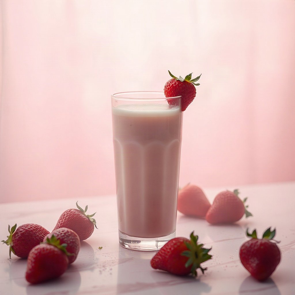 Pink PFPs — strawberry milk glass, cinematic photo style, misty atmosphere