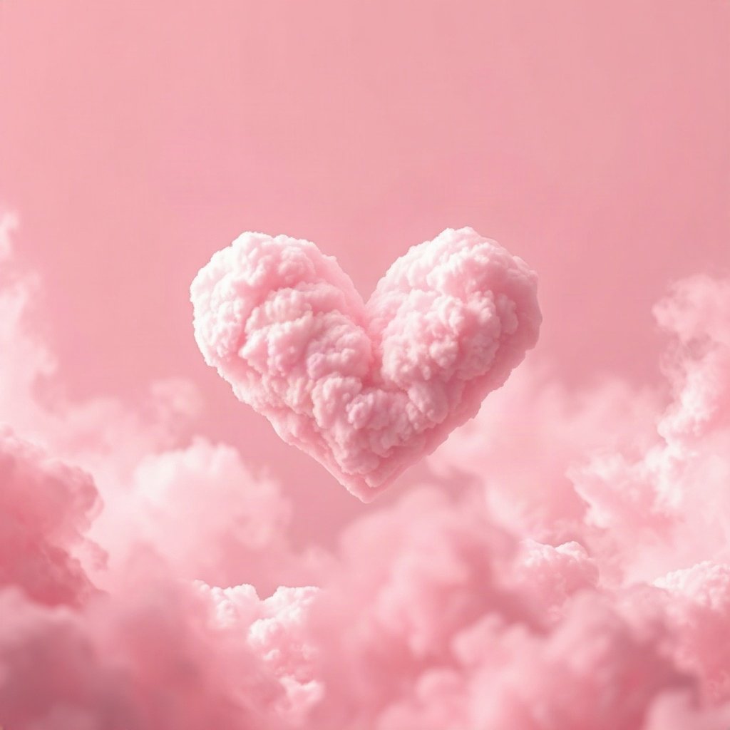 Pink PFPs — heart-shaped clouds, dreamy digital painting, misty atmosphere