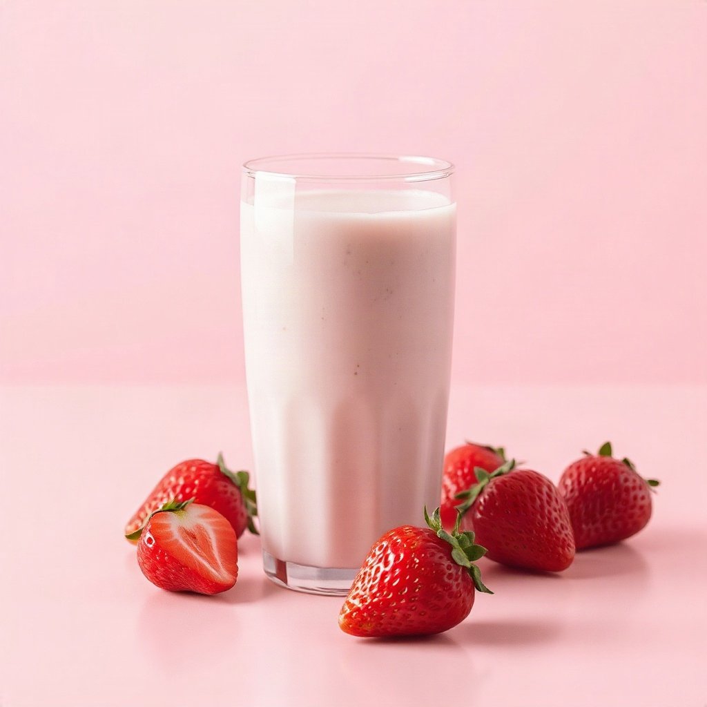 Pink PFPs — strawberry milk glass, soft 3d render, misty atmosphere