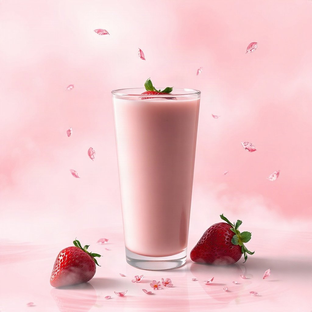 Pink PFPs — strawberry milk glass, dreamy digital painting, misty atmosphere