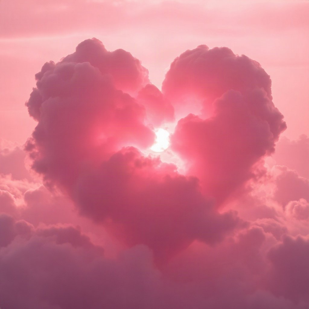 Pink PFPs — heart-shaped clouds, cinematic photo style, misty atmosphere