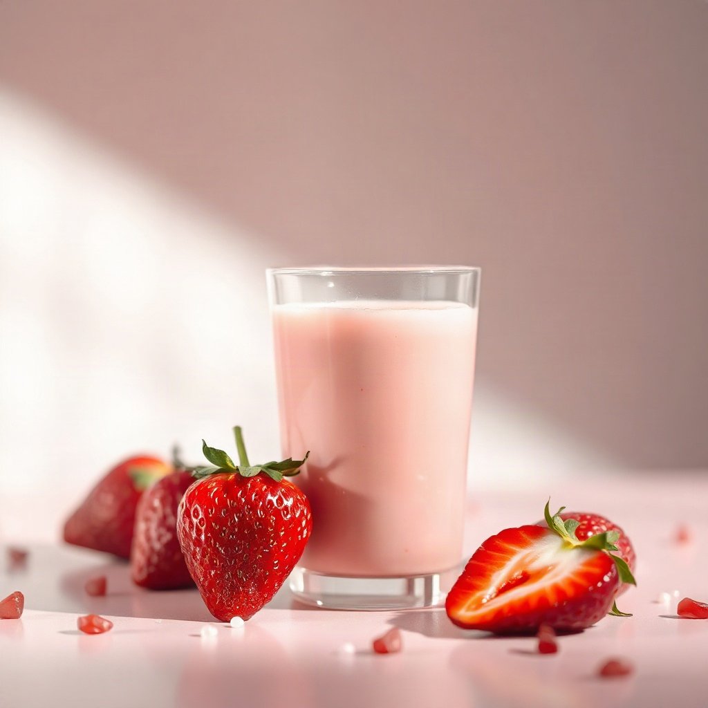 Pink PFPs — strawberry milk glass, dreamy digital painting, gentle bokeh