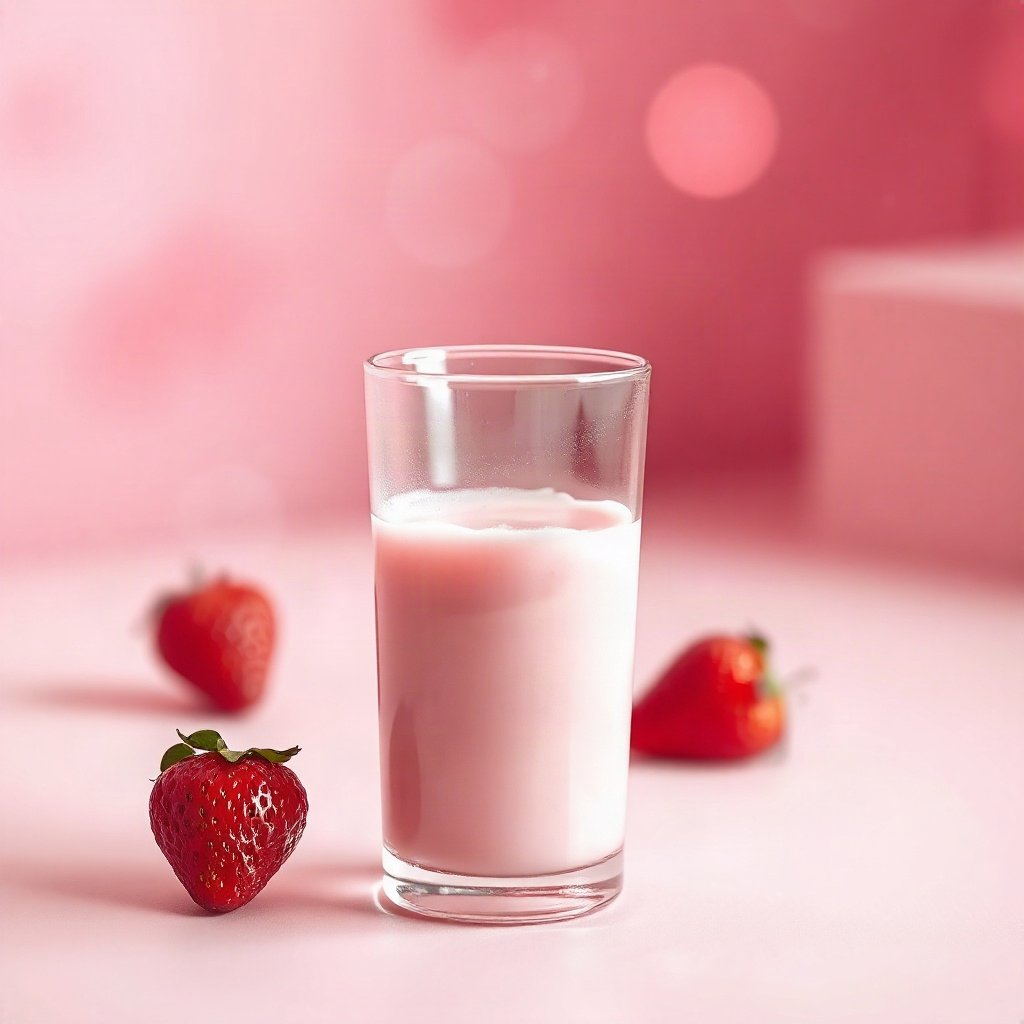 Pink PFPs — strawberry milk glass, dreamy digital painting, gentle bokeh