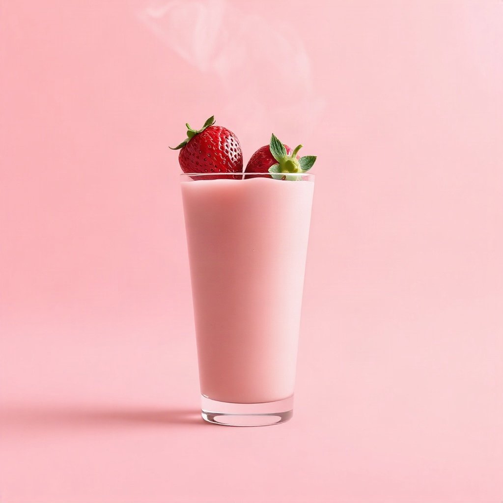 Pink PFPs — strawberry milk glass, soft 3d render, misty atmosphere