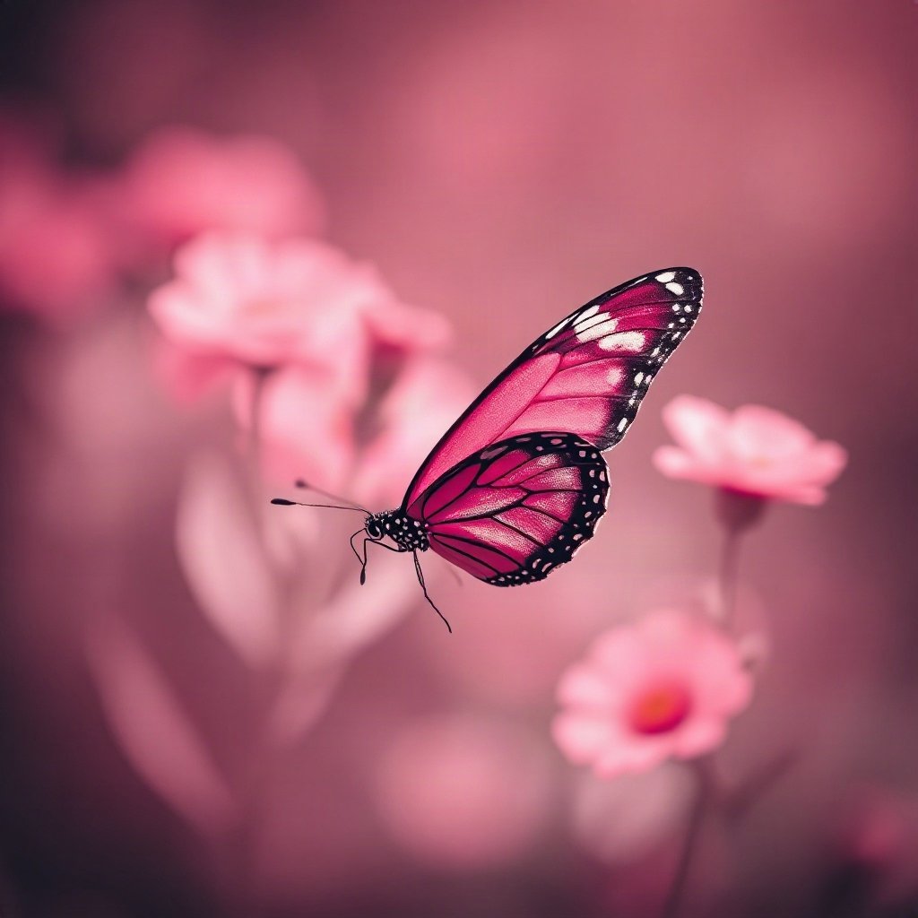 Pink PFPs — butterfly, cinematic photo style, gentle bokeh