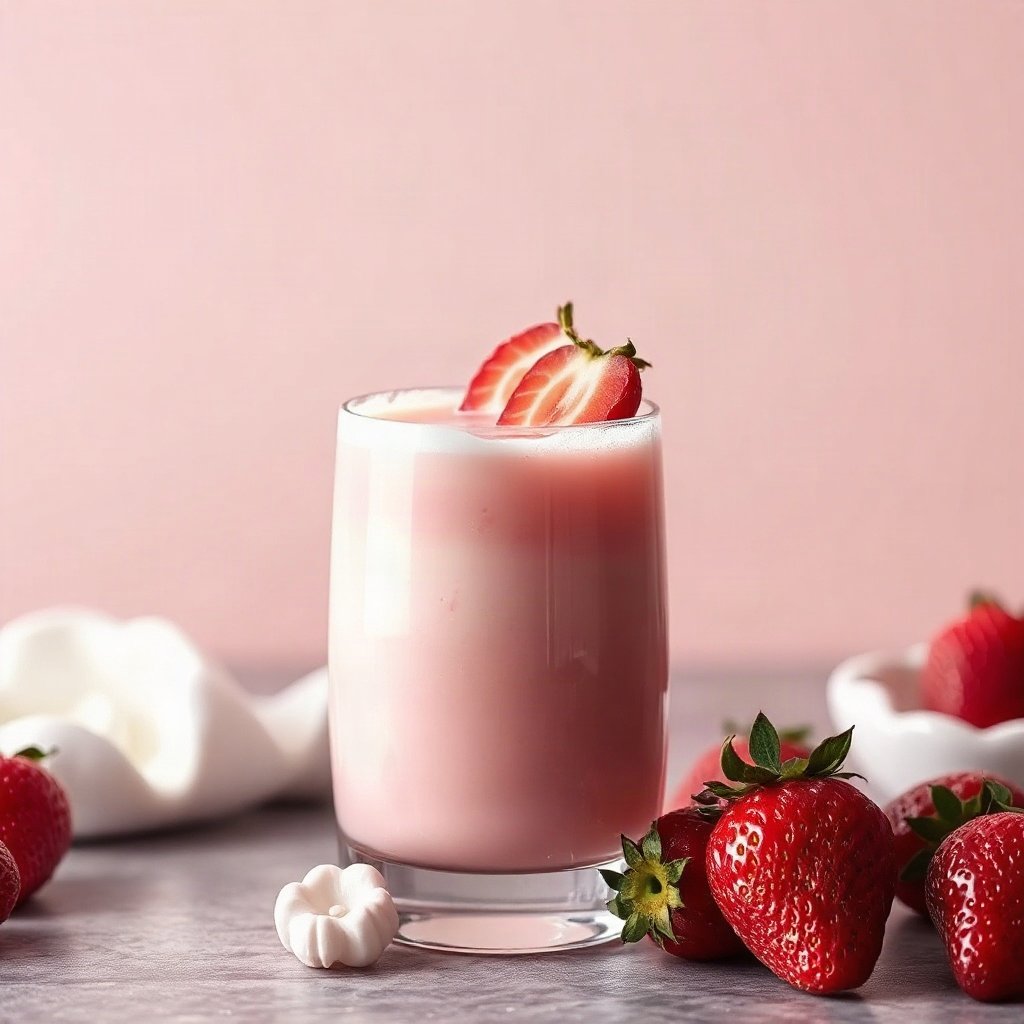 Pink PFPs — strawberry milk glass, cinematic photo style, soft glow